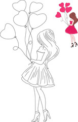 vector image of woman holding balloon, for coloring book.