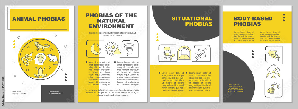 Wall mural Phobia categories yellow brochure template. Common types of fears. Leaflet design with linear icons. 4 vector layouts for presentation, annual reports. Arial-Black, Myriad Pro-Regular fonts used - Wall murals