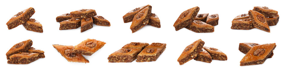 Delicious baklava with walnuts on white background, collage. Banner design