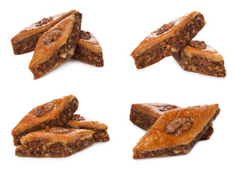 Delicious baklava with walnuts on white background, collage
