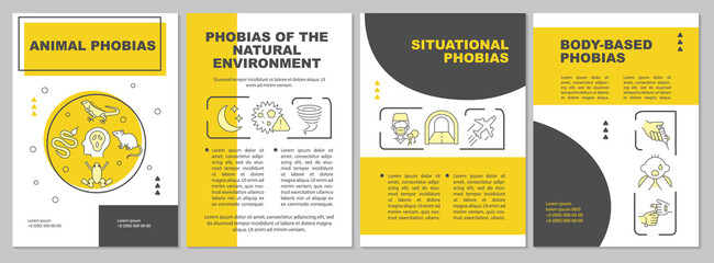 Naklejka premium Phobia categories yellow brochure template. Common types of fears. Leaflet design with linear icons. 4 vector layouts for presentation, annual reports. Arial-Black, Myriad Pro-Regular fonts used