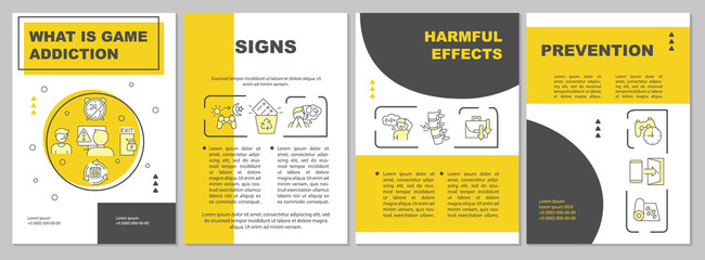 What is game addiction yellow brochure template. Signs and effects. Leaflet design with linear icons. 4 vector layouts for presentation, annual reports. Arial, Myriad Pro-Regular fonts used