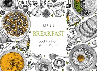 Set of vector breakfasts in engraving style. Bacon and eggs, pancakes, oatmeal with fruits and berries, cornflakes, bread, sandwiches, croissant, donut, coffee, cutlery