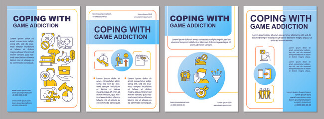 Fototapeta na wymiar Coping with game addiction blue brochure template. Break with bad habit. Leaflet design with linear icons. 4 vector layouts for presentation, annual reports. Arial, Myriad Pro-Regular fonts used
