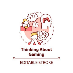 Thinking about gaming concept icon. Obsessive thoughts. Sign of game addiction abstract idea thin line illustration. Isolated outline drawing. Editable stroke. Arial, Myriad Pro-Bold fonts used