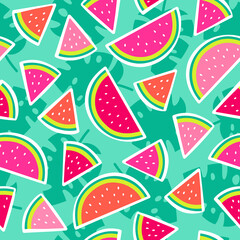 Hand drawn watermelon with monstera seamless pattern for summer holidays background.