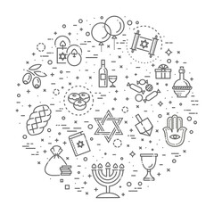 Outline illustration - Symbols Of Hanukkah. Banner