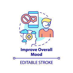 Improve overall mood concept icon. Developing depression. Social media detox reason abstract idea thin line illustration. Isolated outline drawing. Editable stroke. Arial, Myriad Pro-Bold fonts used