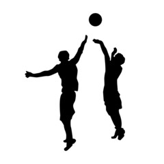 Basketball players silhouette isolated on white background. Basketball, streetball or volleyball sports icon. Players shooting and catching ball. Athletes in a jump with the ball. Vector illustration