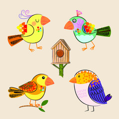 Collages of colorful various birds icon character vector illustration.