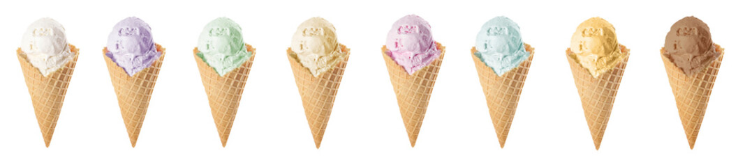 Set with different tasty ice creams in wafer cones on white background. Banner design