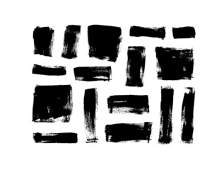 Abstract black grunge squares and lines collection. Vector black painted squares or rectangular shapes. Vertical and horizontal rectangles. Set of grunge square template backgrounds. 