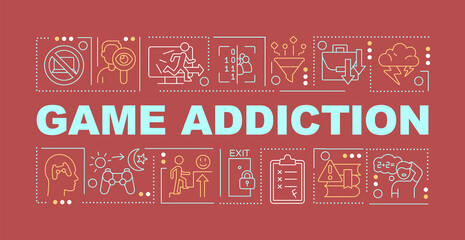 Game addiction word concepts red banner. Emotional obsession problem. Infographics with icons on color background. Isolated typography. Vector illustration with text. Arial-Black font used