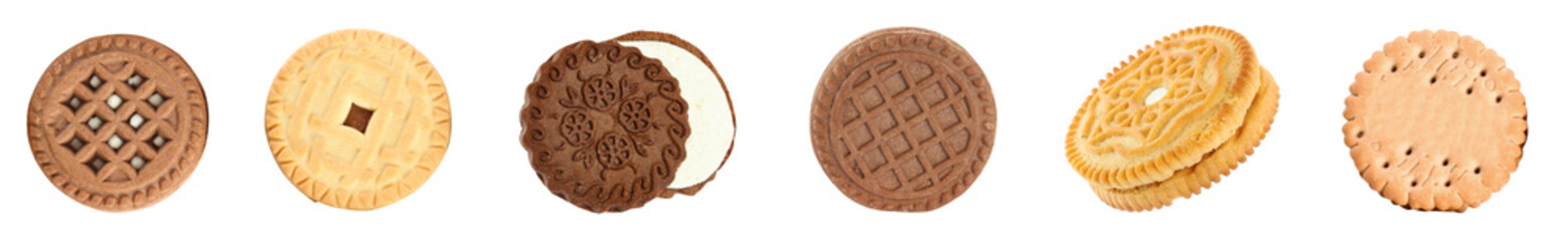 Different tasty sandwich cookies with cream on white background, collage. Banner design