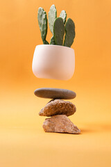 Conceptual creative modern Still life, balance composition. balancing stones on an orange background with space for text. conceptual background