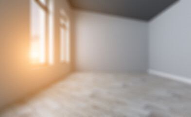 Elegant office interior. Mixed media. 3D rendering.. Sunset. Abstract blur phototography.
