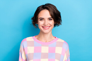Fototapeta premium Photo of youth cheerful girl good mood toothy smile visit dentist oral care isolated over blue color background