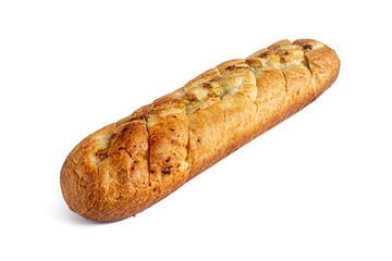 French garlic baguette with a golden crispy crust on a white
