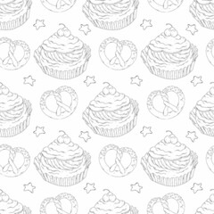 Graphic pastry with cream, pretzel and stars seamless pattern 
