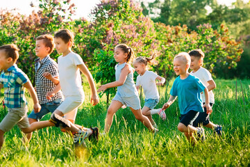 Fototapeta premium A group of happy children of boys and girls run in the Park on the grass on a Sunny summer day.