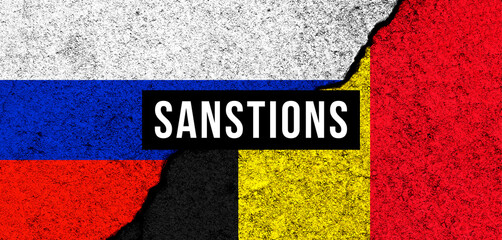Russia and Belgium sanctions. National flags background with text. Embargo, default concept photo