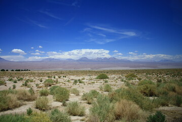 Fototapeta na wymiar The landscape of the Atacama Desert in Chile, with clouds, volcano, lsand and salt.