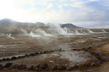 Freezing daybreak in the Geiseres de Tatio, a natural spectacle. Atacama Desert, Chile.
