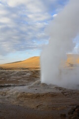 Freezing daybreak in the Geiseres de Tatio, a natural spectacle. Atacama Desert, Chile.