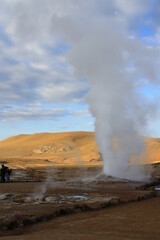 Freezing daybreak in the Geiseres de Tatio, a natural spectacle. Atacama Desert, Chile.