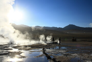 Freezing daybreak in the Geiseres de Tatio, a natural spectacle. Atacama Desert, Chile.