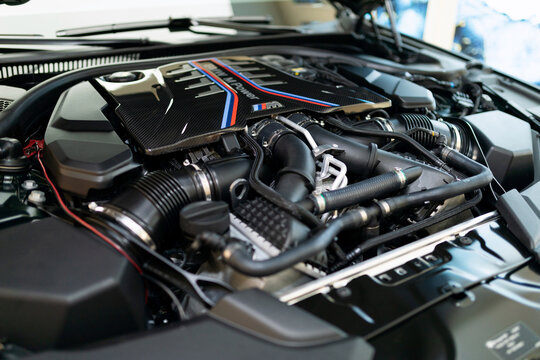 BMW sports engine close-up, general view of the engine compartment