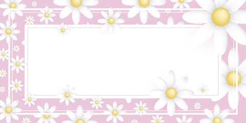 White rectangular frame with White and yellow flowers all around on a pink background with space for text