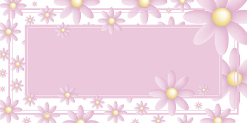 Pink rectangular frame with pink and yellow flowers all around on a white background with space for text