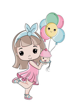 Cute Birthday Girl With Balloons & Cake