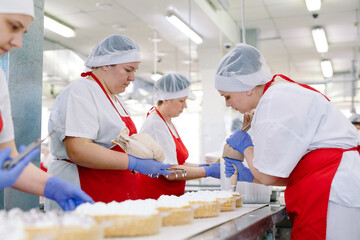 Decorating cakes on the conveyor of a confectionery factory.
