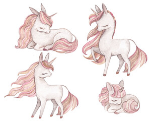 Obraz na płótnie Canvas cute cartoon watercolor baby unicorns, pink set