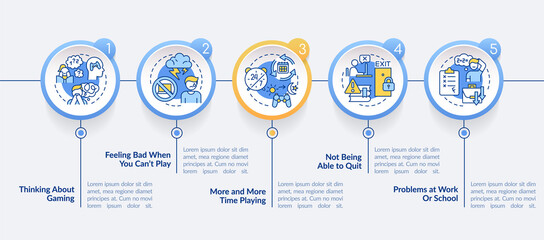 Signs of game addiction circle infographic template. Mental disorder. Data visualization with 5 steps. Process timeline info chart. Workflow layout with line icons. Lato-Bold, Regular fonts used