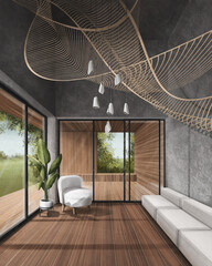 interior sketch of a living room in a modern style with access to a terrace and an art object on the ceiling digital drawing