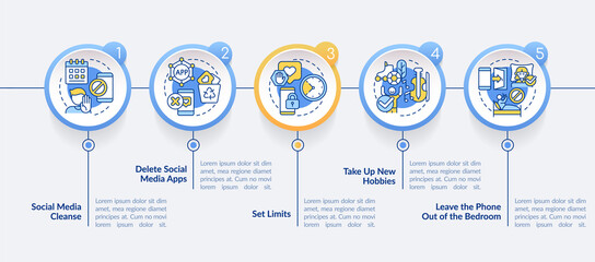 Ways to break social media circle addiction infographic template. Data visualization with 5 steps. Process timeline info chart. Workflow layout with line icons. Lato-Bold, Regular fonts used