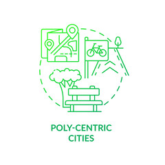 Poly-centric cities green gradient concept icon. Urban development principle abstract idea thin line illustration. Metropolitan system. Isolated outline drawing. Myriad Pro-Bold font used