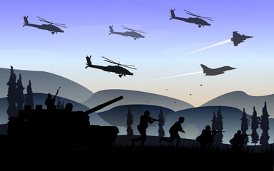 Fototapeta na wymiar Flat soldier battlefield war silhoutte illustration