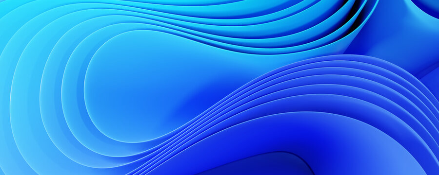 Curved sheets of paper in blue and turquoise. 3D Illustration. 