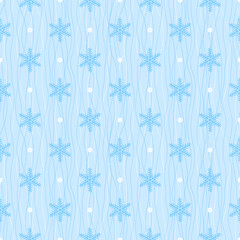 Winter seamless pattern. Blue snowflake and polka dot on wavy background