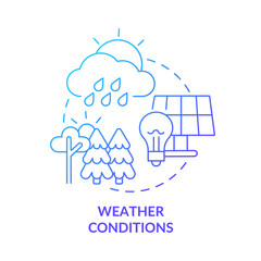 Weather conditions blue gradient concept icon. Net zero energy building weak spot abstract idea thin line illustration. Panel efficiency. Isolated outline drawing. Myriad Pro-Bold font used
