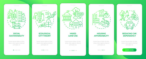 Creating eco-friendly cities green gradient onboarding mobile app screen. Walkthrough 5 steps graphic instructions pages with linear concepts. UI, UX, GUI template. Myriad Pro-Bold, Regular fonts used