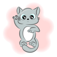 Cute kitten stands and waves, in different poses, sticker, print on textiles, on a t-shirt or packaging