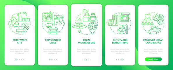 Green urbanism basis gradient onboarding mobile app screen. Walkthrough 5 steps graphic instructions pages with linear concepts. UI, UX, GUI template. Myriad Pro-Bold, Regular fonts used