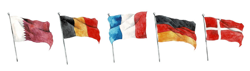 Watercolor worlds flags. Flags of Qatar, Germany, France, Belgium, Denmark. Hand drawn vector watercolor illustration. FIFA World cup