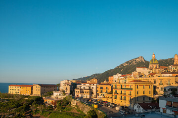 Fototapeta premium South of Italy, small mountain town at dawn. Vietri. Beautiful early morning, summer. Journey through old Europe, picturesque landscapes. Amalfi Coast Tyrrhenian Sea,