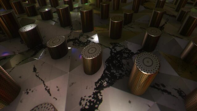 Animazione 3D di un piano a rilievo triangoli colore metallo e cilindri in movimento